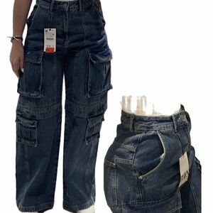 Dark Blue Cargo Men's Jeans with Multiple Pockets